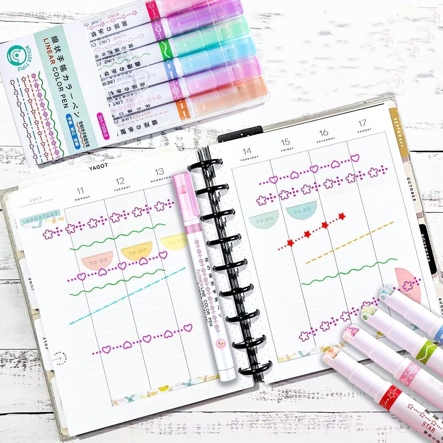 Linear Roller Color Pens Highlighters (Set of 6)